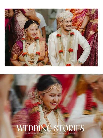 A beautiful collage titled "Wedding Stories," capturing the smiles and candid moments between the bride and groom during their Muhurtham.