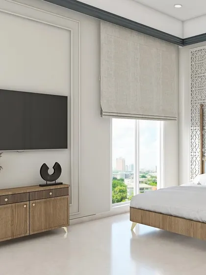 A 3D render of an upcoming guest bedroom project. The design is inspired by Mediterranean aesthetics, with a pastel blue headboard, jali-patterned wall panels, and light wood tones.