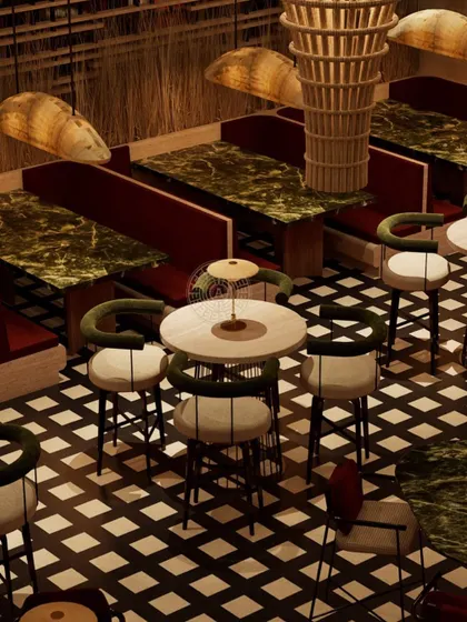 A closer look at the different seating arrangements in our renders, showing a mix of high-top tables and intimate booths with green marble tabletops.