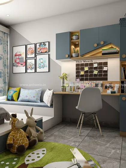 A modern kids' room with a podium bed, a cozy bay window seat, and a functional study area with a chalkboard for monthly planning.