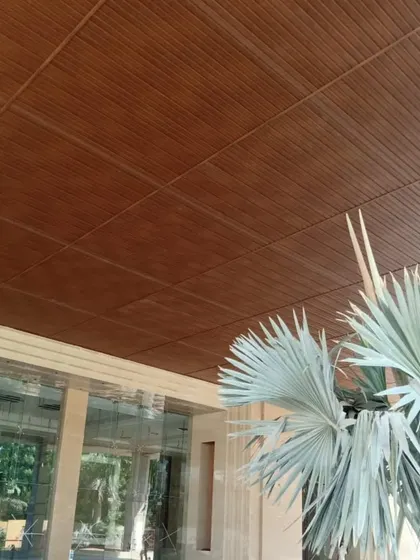 A simple yet elegant ceiling clad in wood-finish panels with a grid pattern. This is a clean and sophisticated way to finish the ceiling of a balcony or entryway.