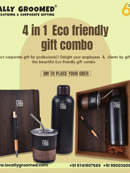 This 4-in-1 eco-friendly gift combo is a perfect corporate gift for professionals. It includes a wood-finished notebook and pen, a water bottle, and two matching tumblers with reusable straws, all presented in a wooden box.