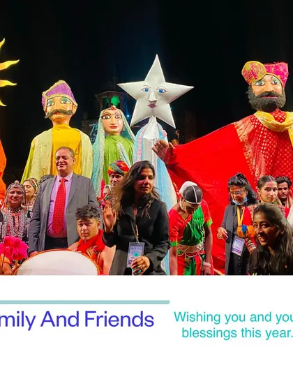 A proud moment for our entire team, posing on stage with our giant festival puppets. This shows the scale of our work, from the tall sun and star characters to the large traditional figures, all created for a grand public performance.