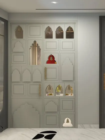 The mandir door is inspired by a traditional jharokha, with precision CNC detailing and niches for placing diyas and small idols.