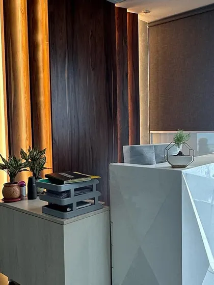 A detail shot focusing on the functional aspect of the reception desk, with organized space for equipment and small decorative plants to maintain a welcoming feel.