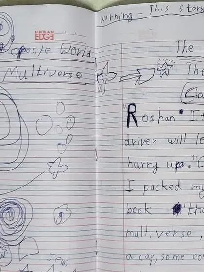 The start of an original multiverse story written by Vishvesh, a 5th grader! We were so impressed by his imagination and ambition to create his own multi-chapter adventure.