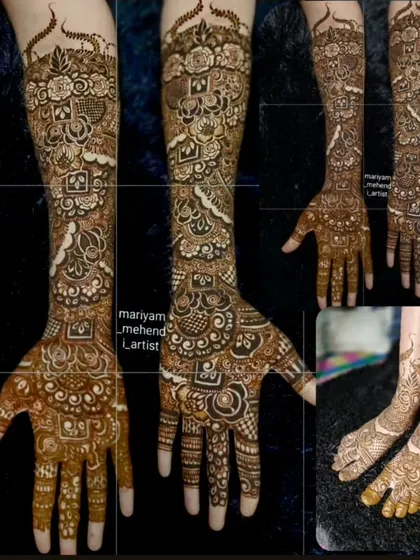 A collage showing the complete bridal package: hands, feet, and a close-up of the details.
