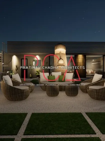 A wide-angle visualization of the terrace garden. This view shows the relationship between the different seating areas and the open-air bar, emphasizing the space's suitability for large gatherings.