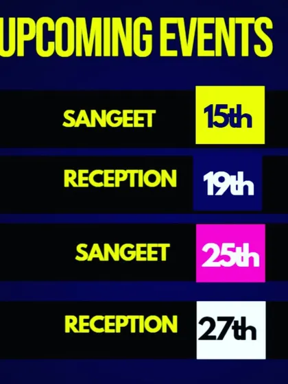 A snapshot of my upcoming wedding events, covering both Sangeets and Receptions. I am experienced in handling the different musical needs of each function.