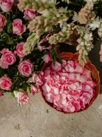 A close-up of the fresh pink and white roses used in the decor.