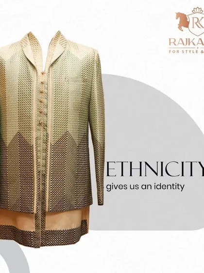A graphic showcasing an Indo-Western jacket with a unique green and black chevron pattern, emphasizing how ethnicity gives us an identity.