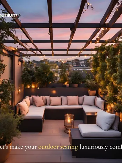Let me make your outdoor seating luxuriously comfortable. This design concept features a spacious U-shaped sofa under a pergola with climbing plants and string lights, perfect for creating a cozy and inviting terrace lounge.