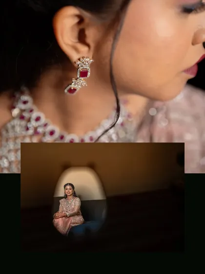 A collage of the bride's beautiful jewelry and a thoughtful portrait, highlighting the intricate details of her look.