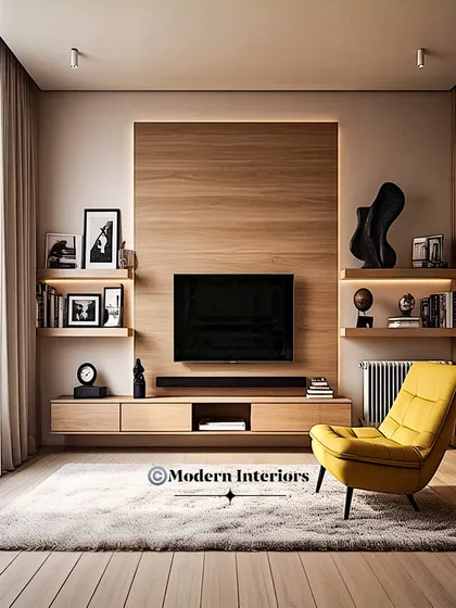 A minimalist's dream. This design features a large, clean wood panel that mounts the TV, with floating shelves for decor and a low-profile console for storage. The yellow accent chair shows how a pop of color can complete the look.