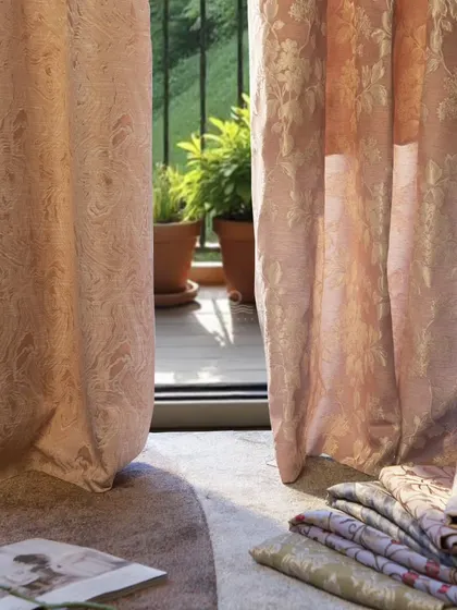 Our curtain fabrics draped in a sunlit room, showcasing how different textures and patterns, like soft florals and swirls, interact with light to create a warm and inviting atmosphere.
