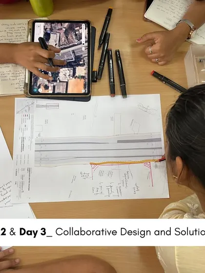 Days 2 and 3: a collaborative design session where students and experts work together on drawings and satellite maps to develop solutions for the audited blackspots.