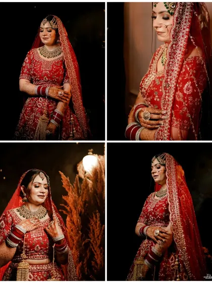 A collage of the bride in her radiant red wedding lehenga, capturing her from various angles to showcase her complete look.