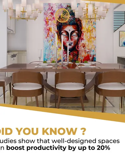 Did you know that well-designed spaces can boost productivity by 20%? This applies to the harmony in your home too. This dining room with a Buddha painting is a nod to peaceful living.