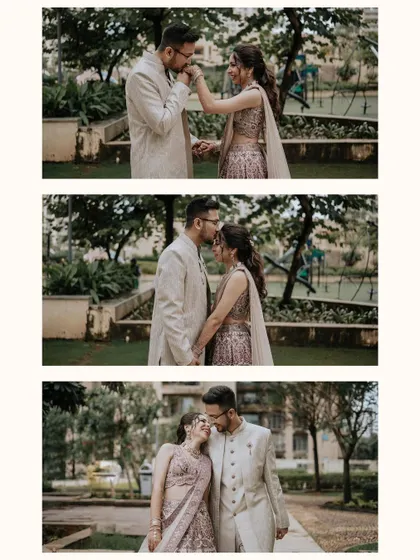 A triptych of romantic moments from an engagement shoot. It captures a progression of intimacy, from a gentle hand kiss to a forehead kiss to a loving embrace, telling a story of affection.