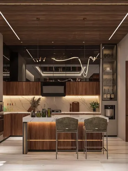 This 3D visualization demonstrates our capability in designing grand, luxurious spaces. We conceptualized an open kitchen with rich walnut wood finishes, a statement marble island with a breakfast bar, and a mirrored ceiling to enhance the sense of space and light. This is how we bring your vision to life before we even begin.