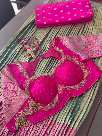 Another view of the pink tassel blouse.
