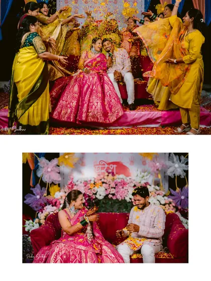 A collage of moments from the Haldi ceremony, from family blessings to playful interactions.