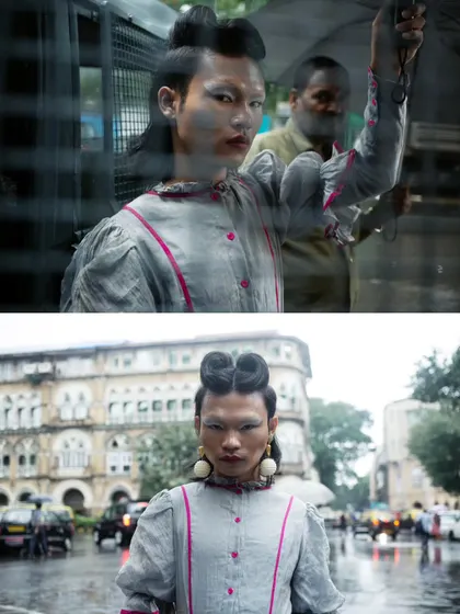 Another diptych from the "RIOT" series, showing the model through the window of a police van and on the street. This juxtaposition highlights the theme of confinement and freedom.