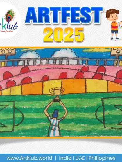 A moment of victory as a player lifts the trophy in a stadium, by a junior artist.