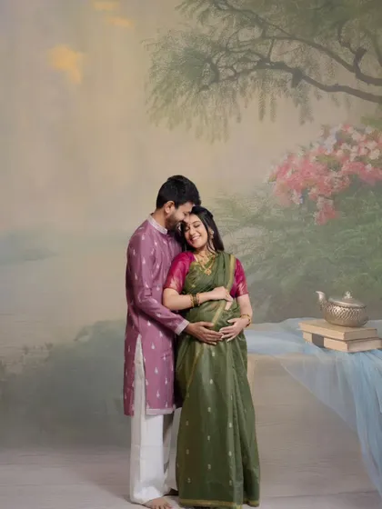 For Mehul and Vidhi, we created a timeless, painterly portrait in the studio. Dressed in traditional attire against a soft, artistic backdrop, this image feels like a classic piece of art, celebrating their heritage and their journey into parenthood.