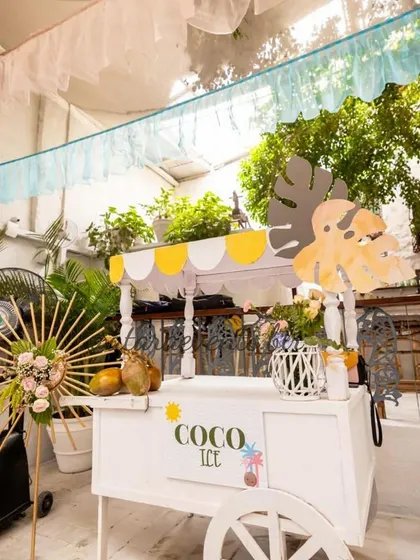 A "Coco Ice" cart at a tropical-themed baby shower. This custom-branded cart serves refreshing treats and adds a fun, interactive element to the party.