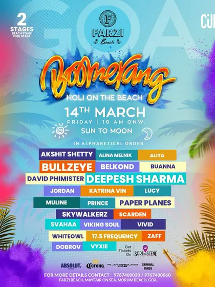 The lineup for Boomerang Holi on the Beach in Goa. A massive two stage event from sun to moon.