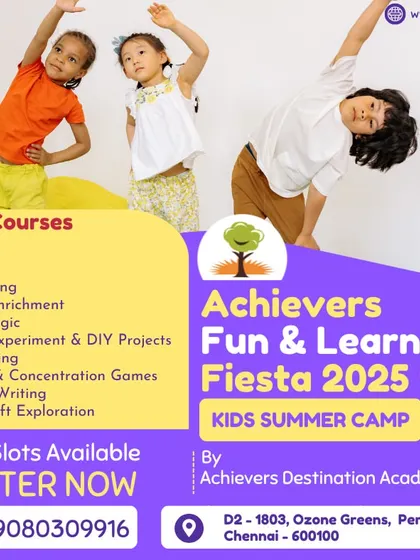 This poster for our Chennai summer camp shows kids actively engaged and happy. It lists the full range of courses, from Phonics and Handwriting to magic and science experiments.