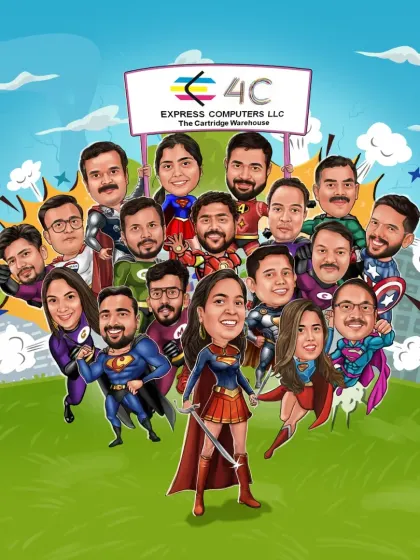 A super team! I transformed this corporate group into their favorite superheroes for a fun and unique team caricature. It's a fantastic way to boost team spirit or celebrate a company milestone.