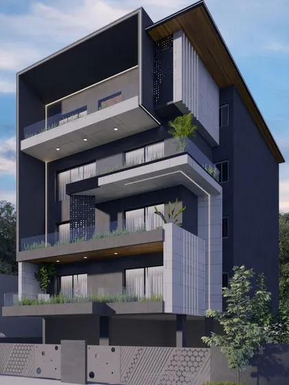 A 3D render showcasing a bold, dark-themed facade with deep cantilevered balconies and perforated screens (jaali). This design plays with volume and shadow to create a dramatic architectural form.