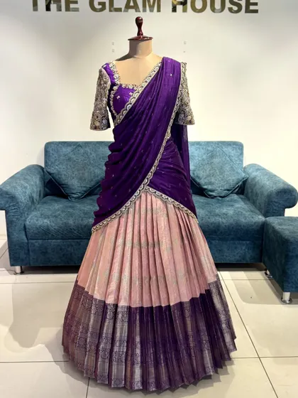 The full view of the elegant lavender, pink, and purple half saree, a perfect blend of colors and textures.