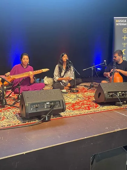 Sound check before our concert at the Musica Sacra festival. We are getting ready to present a blend of traditional Carnatic music and contemporary sounds.