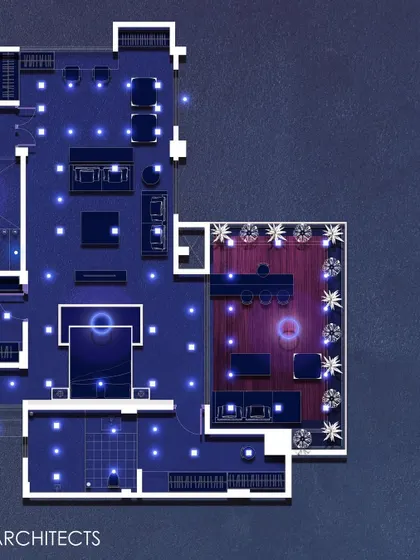 A detailed section of the penthouse floor plan, focusing on the expansive outdoor terrace and bar area. This design element extends the living space outdoors, creating an ideal setting for entertainment with stunning city views.