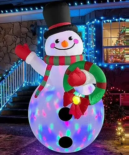 This inflatable snowman is perfect for nighttime displays as it has a rotating disco light inside that projects colors.
