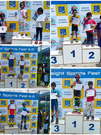 A collage of champions. Our skaters showcasing their medals and certificates after a successful day at the Insight Sports Fest 4.0 inter-school competition.