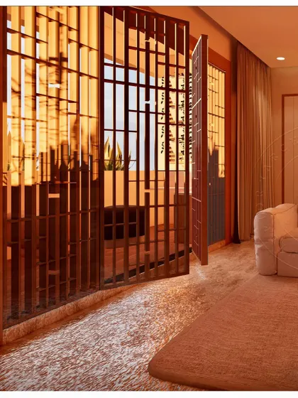 For the "Sharada" project, I designed these wooden slatted partition doors to create a sense of separation while allowing light to filter through. The doors cast beautiful shadows across the floor, adding a dynamic and artistic element to the living space. This design plays with light to make the room feel alive.