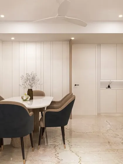 A 3D view of the dining area in the contemporary living room, featuring a statement wallpaper and tinted mirror paneling for a touch of modern elegance.