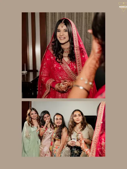 A collage of the bride getting ready, sharing happy and candid moments with her bridesmaids.