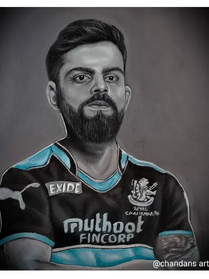 A charcoal powder portrait of cricketer Virat Kohli, highlighting his focused expression. This style is perfect for creating high-impact art of sports heroes and public figures.