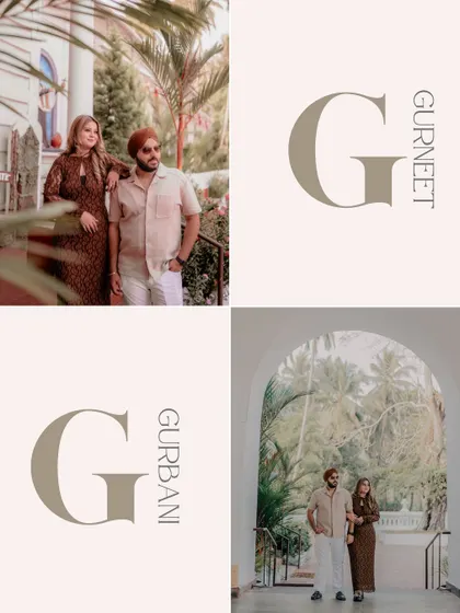 A stylish collage with the couple's initials. These portraits, taken against the backdrop of Goan architecture, showcase their relaxed yet fashionable pre-wedding style.