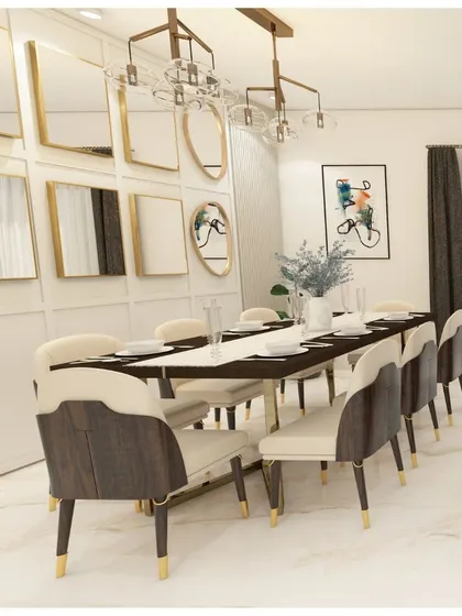 "Live with what you love." This dining section for ATS Pristine, Noida, is designed for elegance, featuring beautiful chairs with wood and upholstery, a large dining table, and a stunning mirror wall.
