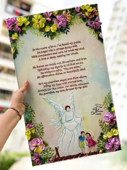 Holding the custom poem board to show its size and the beautiful arrangement of flowers.