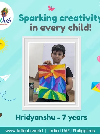 Seven-year-old Hridyanshu expresses himself with this stunning mountain landscape, using poster colors to create a unique and vibrant piece.