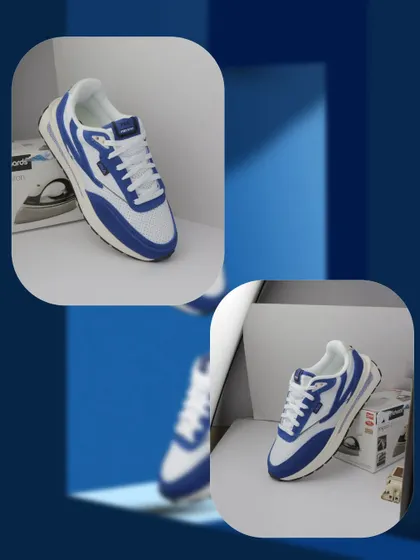 A collage showing the behind the scenes setup for a Fila shoe ad, revealing the simple props used to position the shoes.