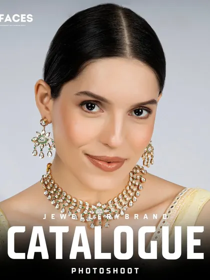 A stunning Polki diamond necklace is the centerpiece of this shot, conveying luxury and high-end craftsmanship for a premium brand.