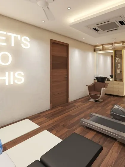 A home gym render with a motivational "LET'S DO THIS" neon sign, inspiring a great workout in a stylish and functional space.